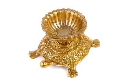 Handmade Pure Brass Lamp Diwali Diya on Tortoise Base for Easy Handling | Height 4 inches | Vastu Good Luck Home or Office - Budhshiv.com