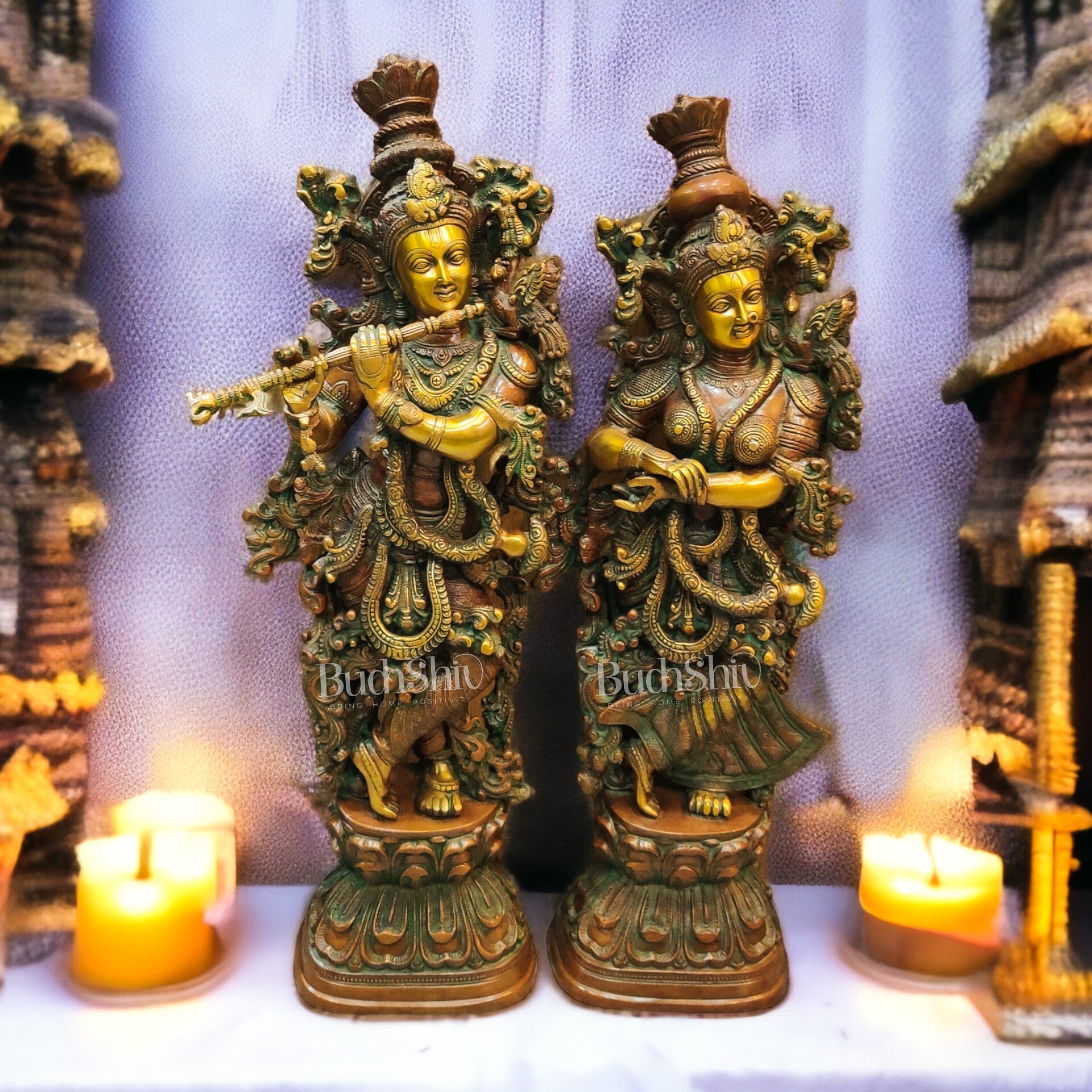 Handmade Radhakrishna Idol with Antique Brown Patina 29 inch - Budhshiv.com