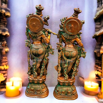Handmade Radhakrishna Idol with Antique Brown Patina 29 inch - Budhshiv.com