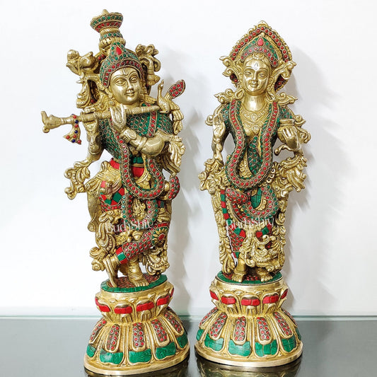 Handmade Radhakrishna Idol with Meenakari Stonework 18 inch - Budhshiv.com