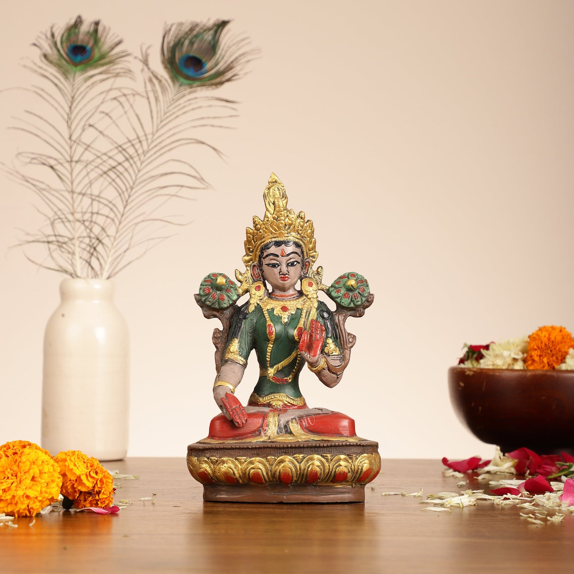 Handpainted Brass White Tara Idol | 8.5" - Budhshiv.com
