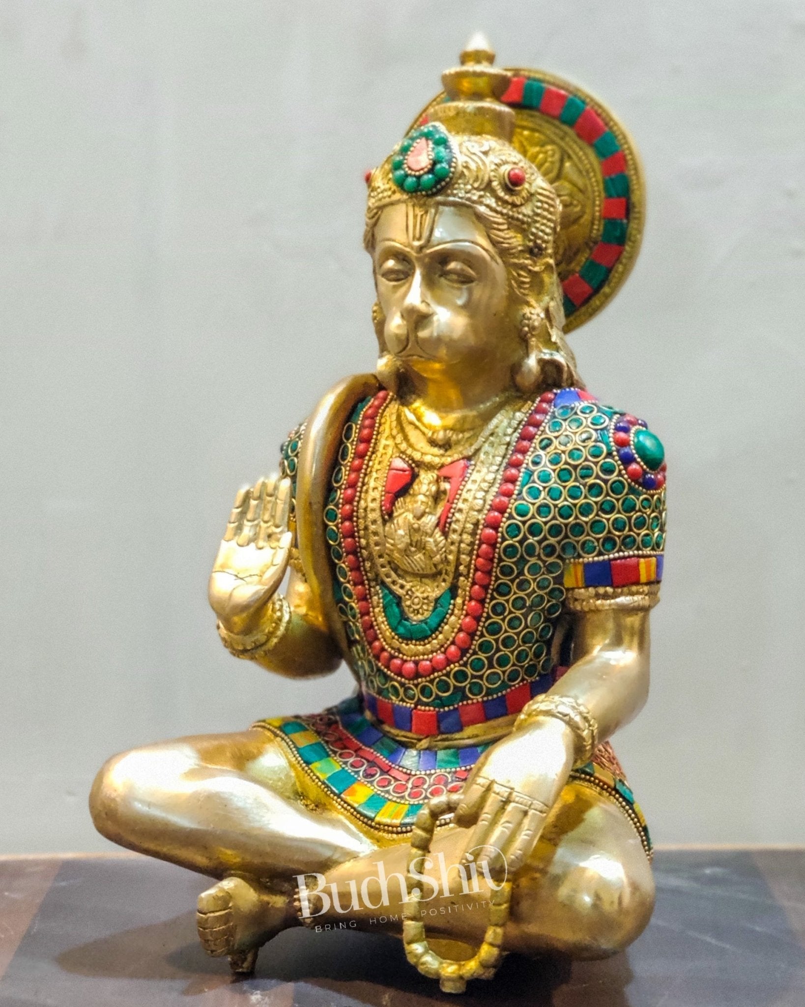 Hanuman Brass Idol in Aahirwaad mudra with stonework 11" - Budhshiv.com