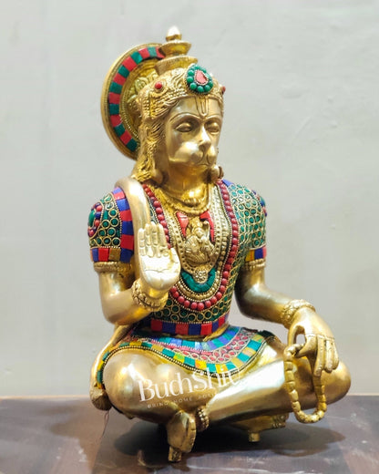 Hanuman Brass Idol in Aahirwaad mudra with stonework 11" - Budhshiv.com