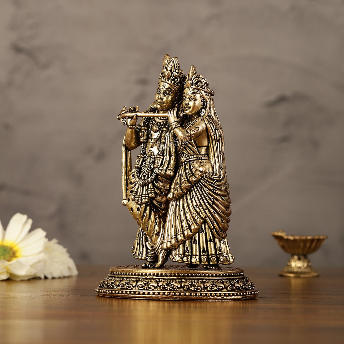 Intricate Lightweight Brass Radha Krishna Idol - 6" - Budhshiv.com