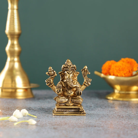 Intricately Crafted Brass Ganesha Idol | Height 3.5 inches | - Budhshiv.com