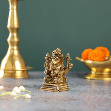 Intricately Crafted Brass Ganesha Idol | Height 3.5 inches | - Budhshiv.com