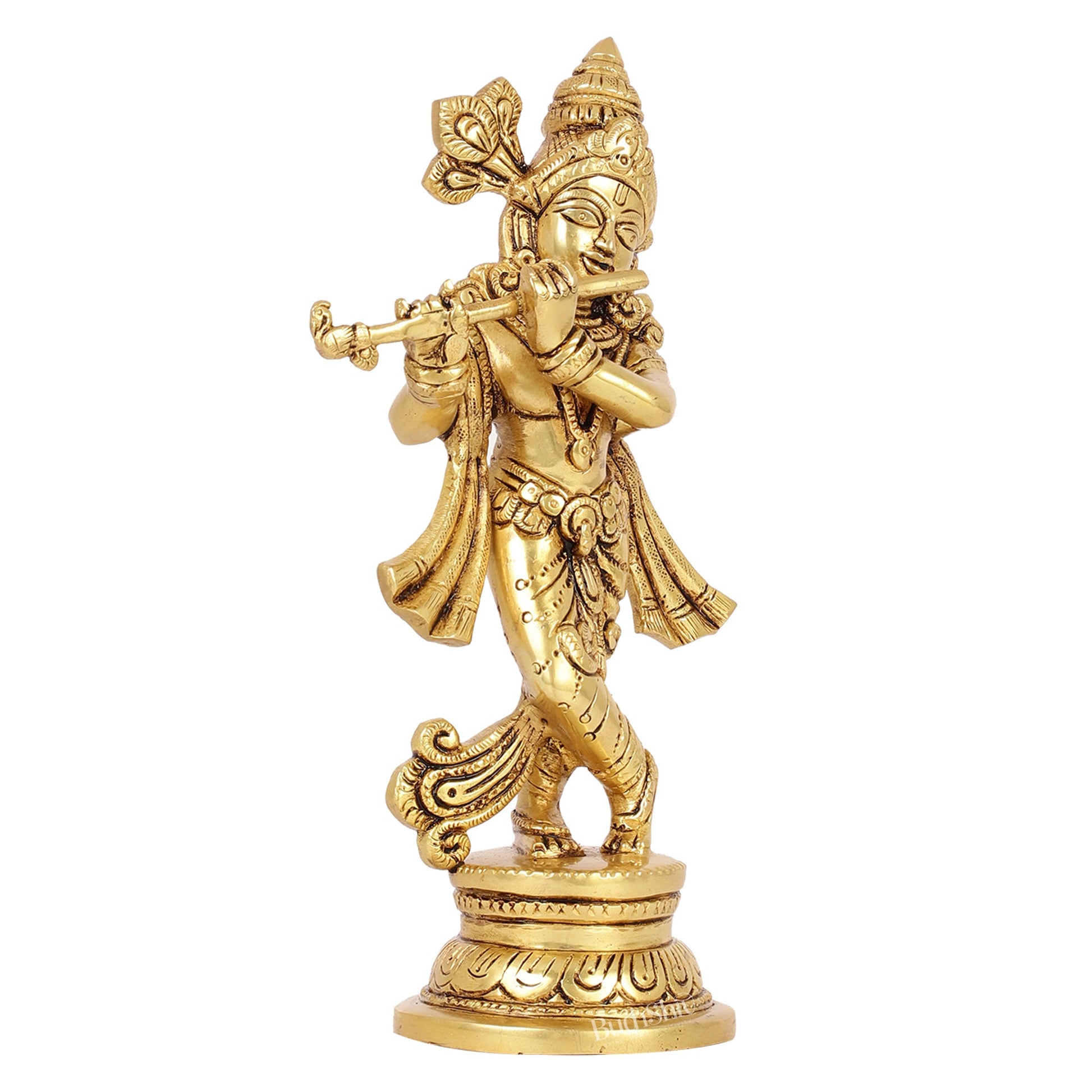 Intricately Crafted Brass Superfine Krishna Idol | 9" Height | Captivating Detail - Budhshiv.com