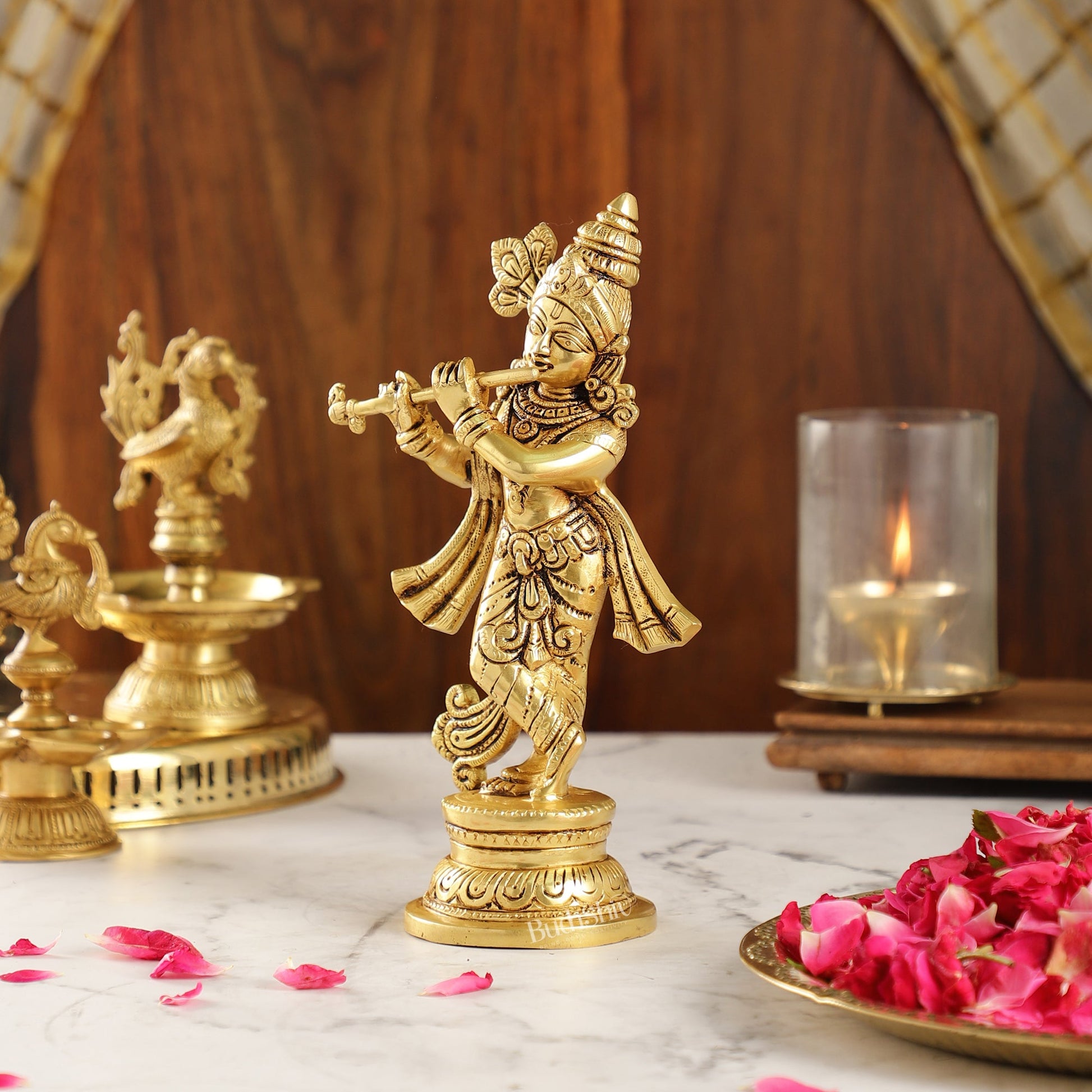 Intricately Crafted Brass Superfine Krishna Idol | 9" Height | Captivating Detail - Budhshiv.com