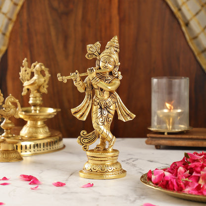 Intricately Crafted Brass Superfine Krishna Idol | 9" Height | Captivating Detail - Budhshiv.com