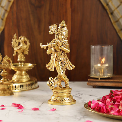 Intricately Crafted Brass Superfine Krishna Idol | 9" Height | Captivating Detail - Budhshiv.com