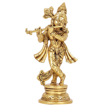 Intricately Crafted Brass Superfine Krishna Idol | 9" Height | Captivating Detail - Budhshiv.com