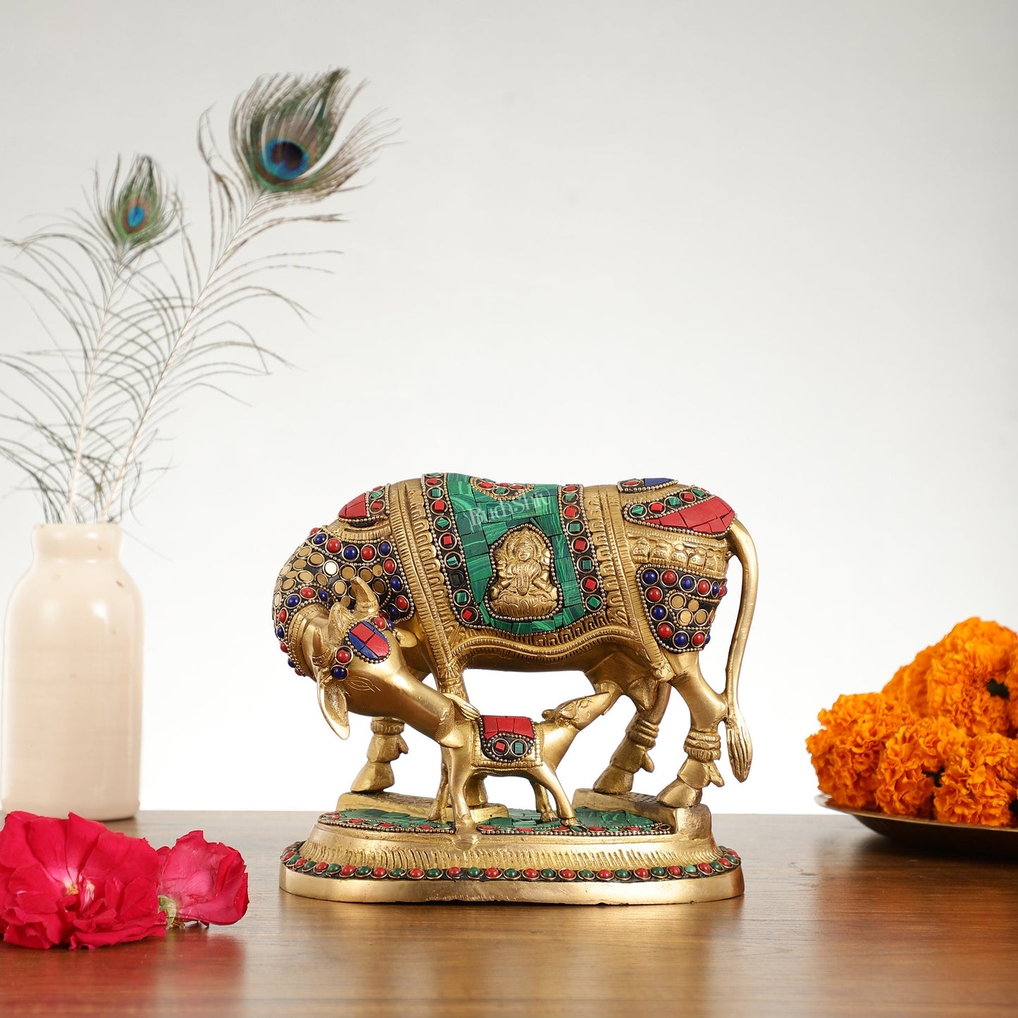Kaamdhenu Brass Idol with Ganesha and Lakshmi Engravings | 6.5" x 8" x 5 - Budhshiv.com