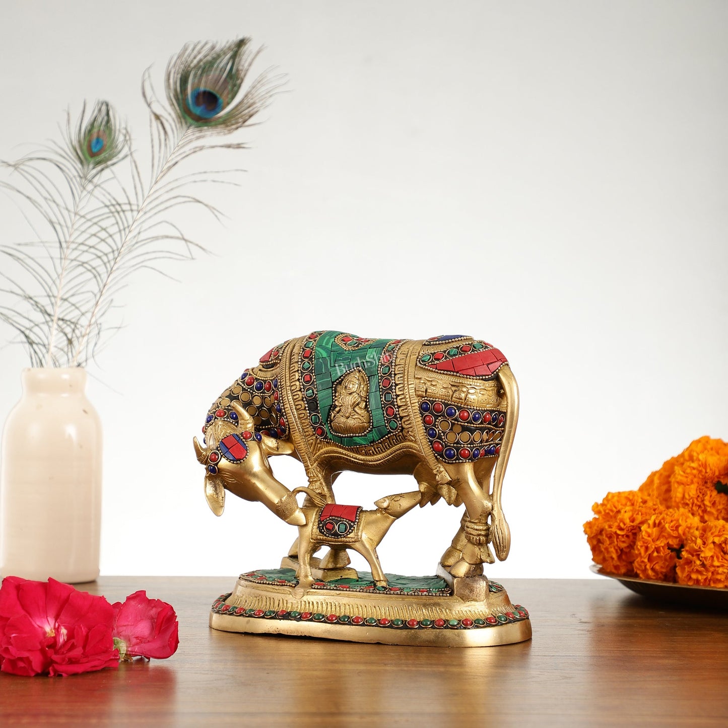 Kaamdhenu Brass Idol with Ganesha and Lakshmi Engravings | 6.5" x 8" x 5 - Budhshiv.com