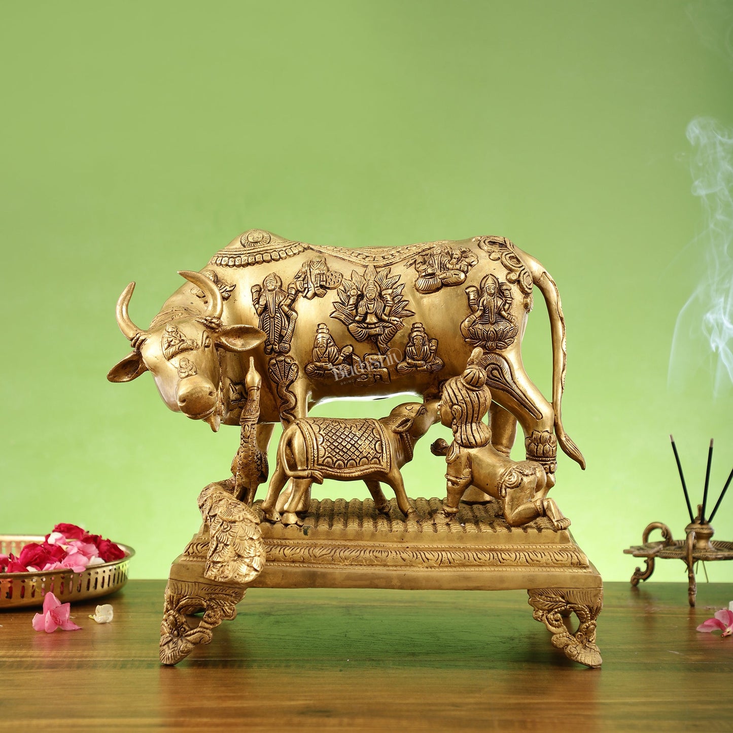 Kamadhenu Cow and Calf Brass Idol 14 inch - Budhshiv.com