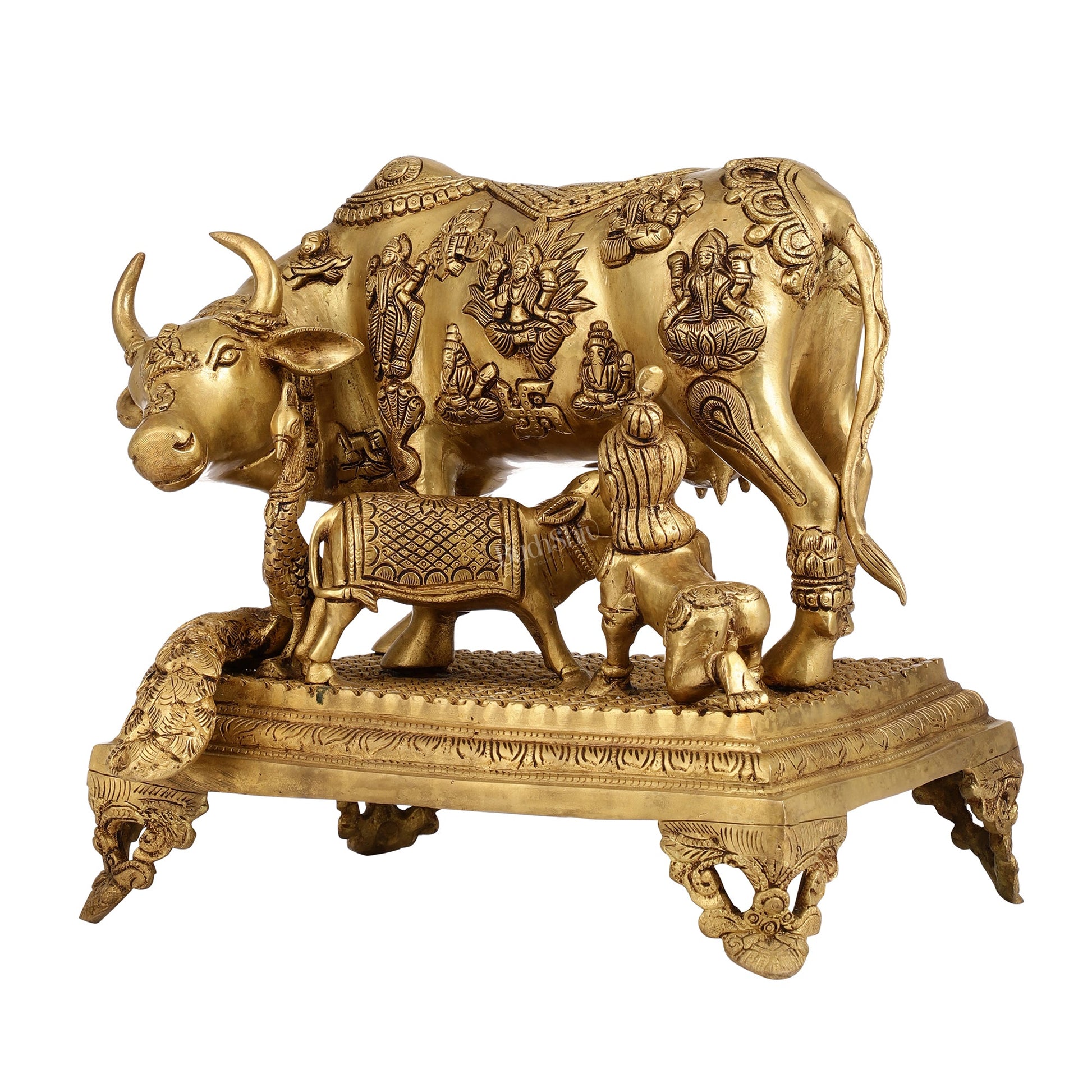 Kamadhenu Cow and Calf Brass Idol 14 inch - Budhshiv.com