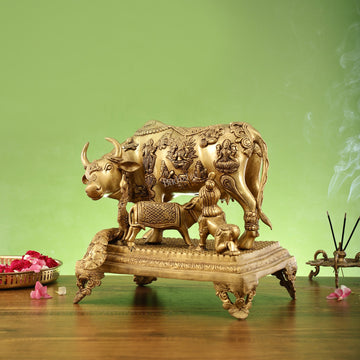 Kamadhenu Cow and Calf Brass Idol 14 inch - Budhshiv.com