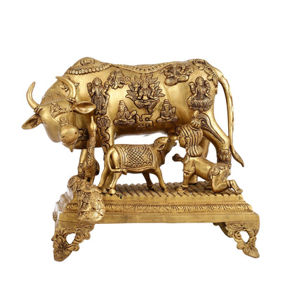 Kamadhenu Cow and Calf Brass Idol 14 inch - Budhshiv.com