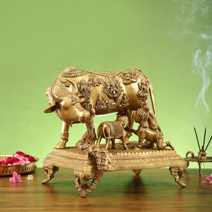 Kamadhenu Cow and Calf Brass Idol 14 inch - Budhshiv.com