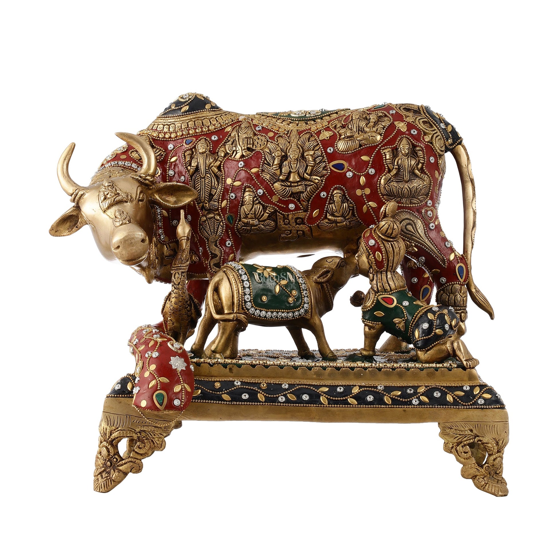 Kamadhenu Cow and Calf Brass Idol 14 inch - Budhshiv.com