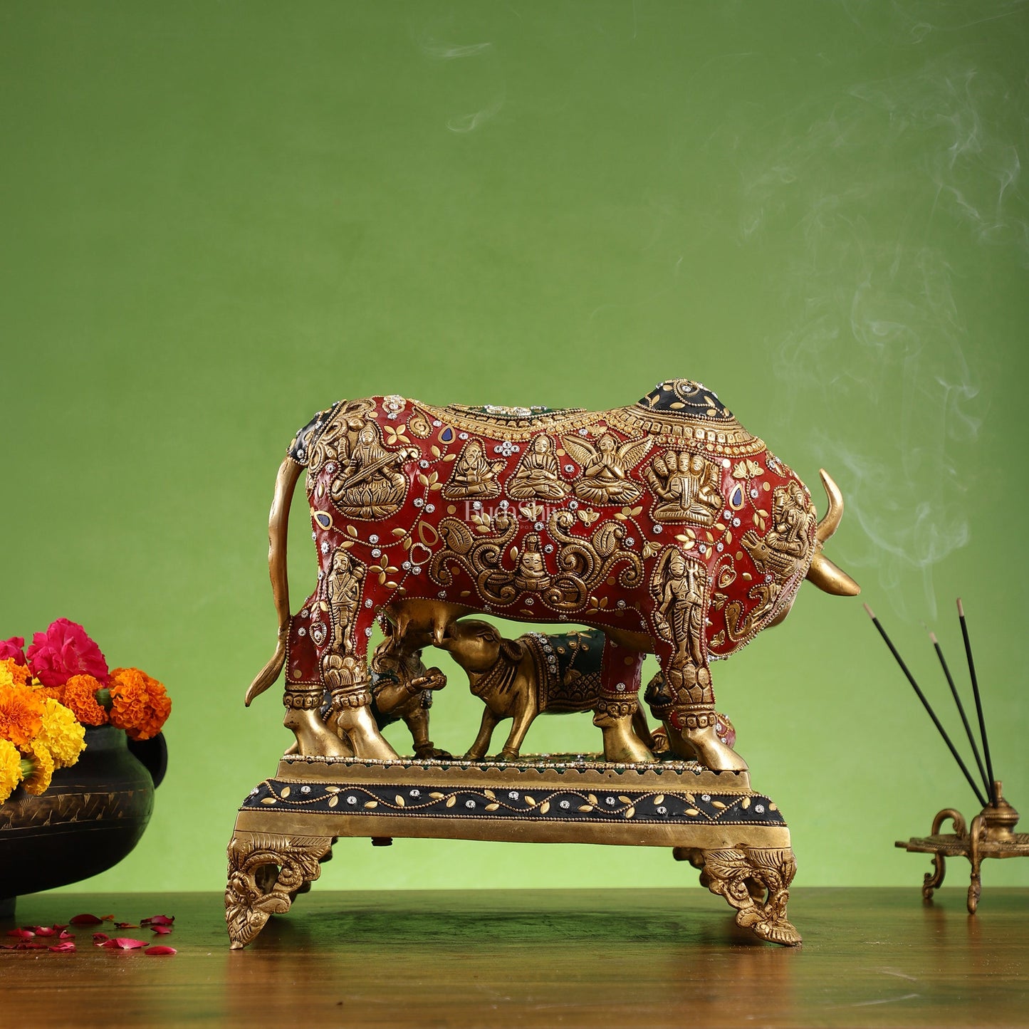 Kamadhenu Cow and Calf Brass Idol 14 inch - Budhshiv.com