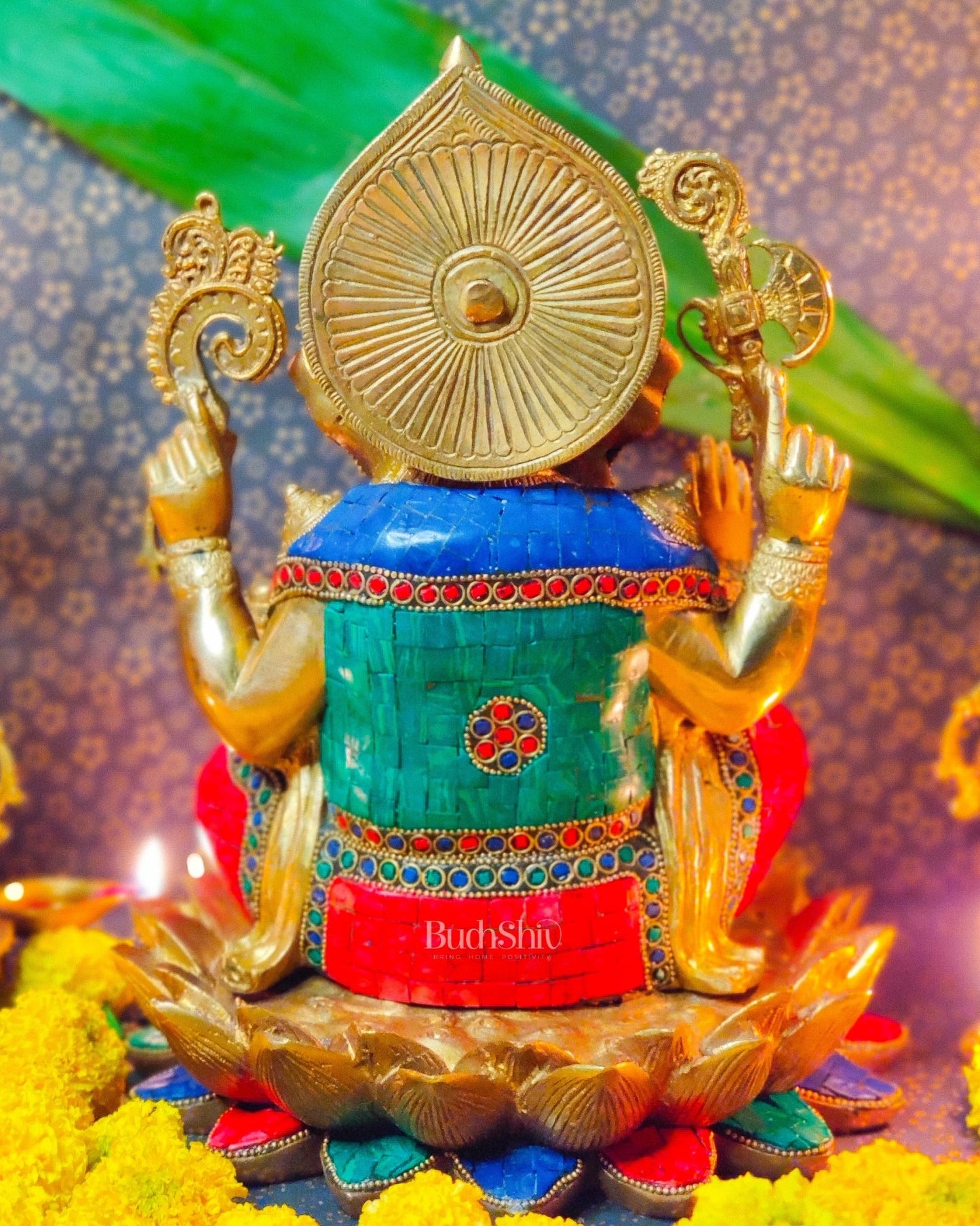Kamalasana Ganesha with a modak bowl 12 inches brass idol with stonework - Budhshiv.com
