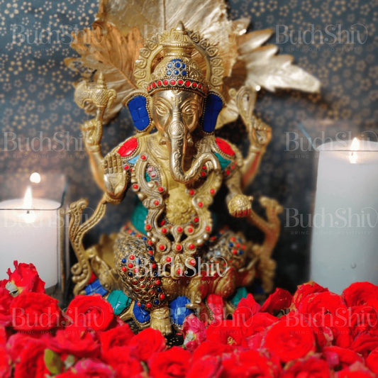 Kamalasana jewellery Ganesha brass idol with meenakari stonework | suitable for office desk/study table/ temple - Budhshiv.com