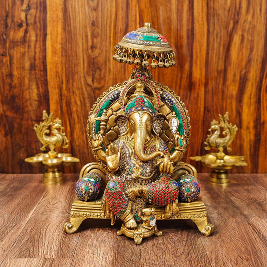 King Ganesha Brass statue with stonework 18 inches - Budhshiv.com