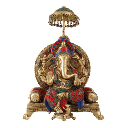 King Ganesha Brass statue with stonework 18 inches - Budhshiv.com