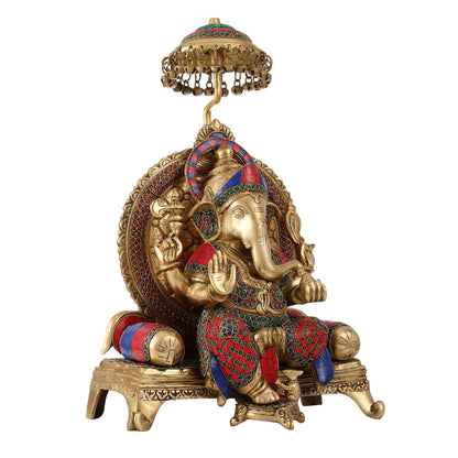 King Ganesha Brass statue with stonework 18 inches - Budhshiv.com