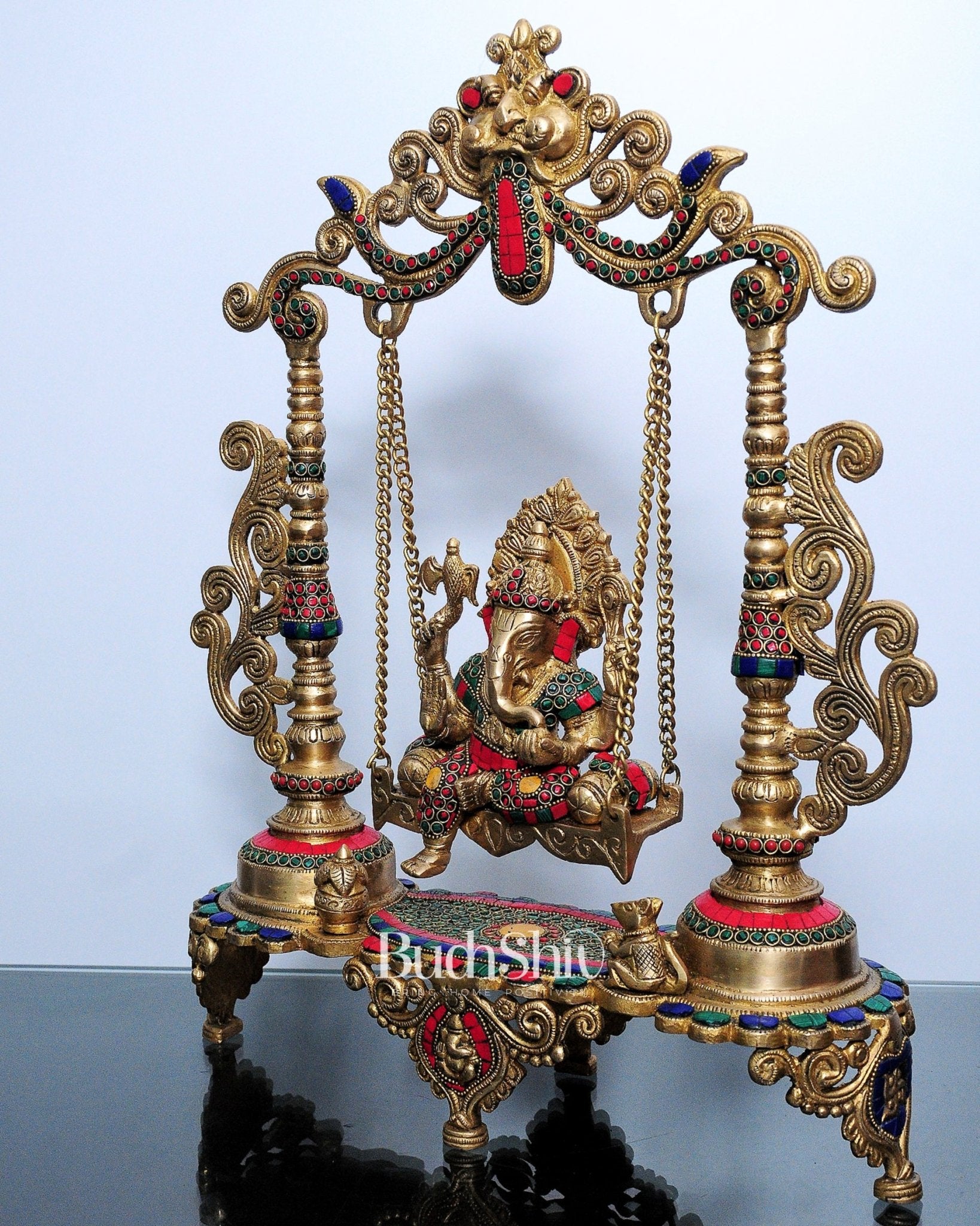 Kirtimukha Ganesha Swing - Superfine Brass, Meenakari Stonework, Handcrafted - 20 inches - Budhshiv.com