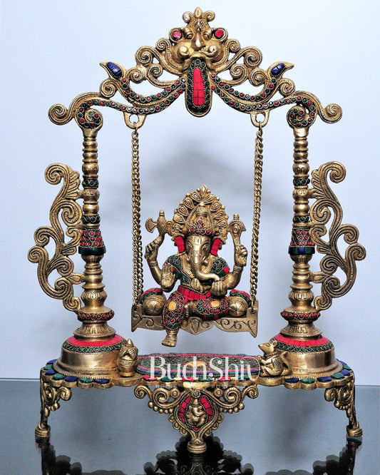 Kirtimukha Ganesha Swing - Superfine Brass, Meenakari Stonework, Handcrafted - 20 inches - Budhshiv.com