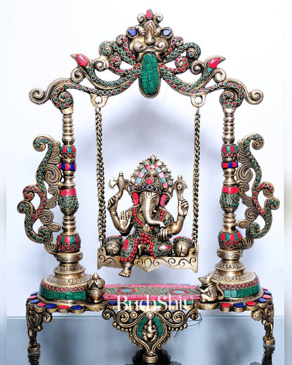 Kirtimukha Ganesha Swing - Superfine Brass, Meenakari Stonework, Handcrafted - 20 inches - Budhshiv.com