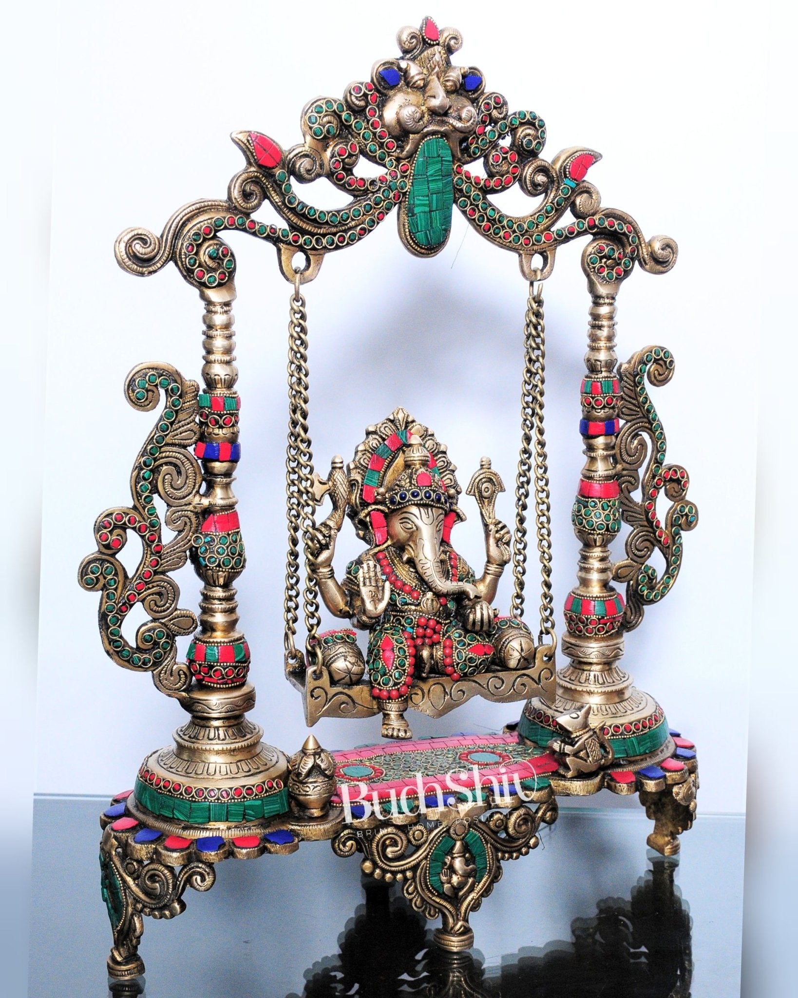 Kirtimukha Ganesha Swing - Superfine Brass, Meenakari Stonework, Handcrafted - 20 inches - Budhshiv.com