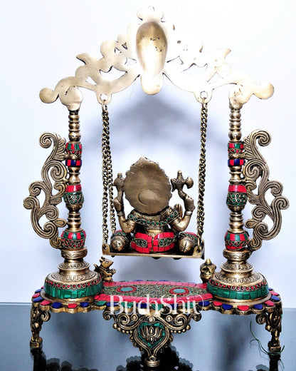 Kirtimukha Ganesha Swing - Superfine Brass, Meenakari Stonework, Handcrafted - 20 inches - Budhshiv.com