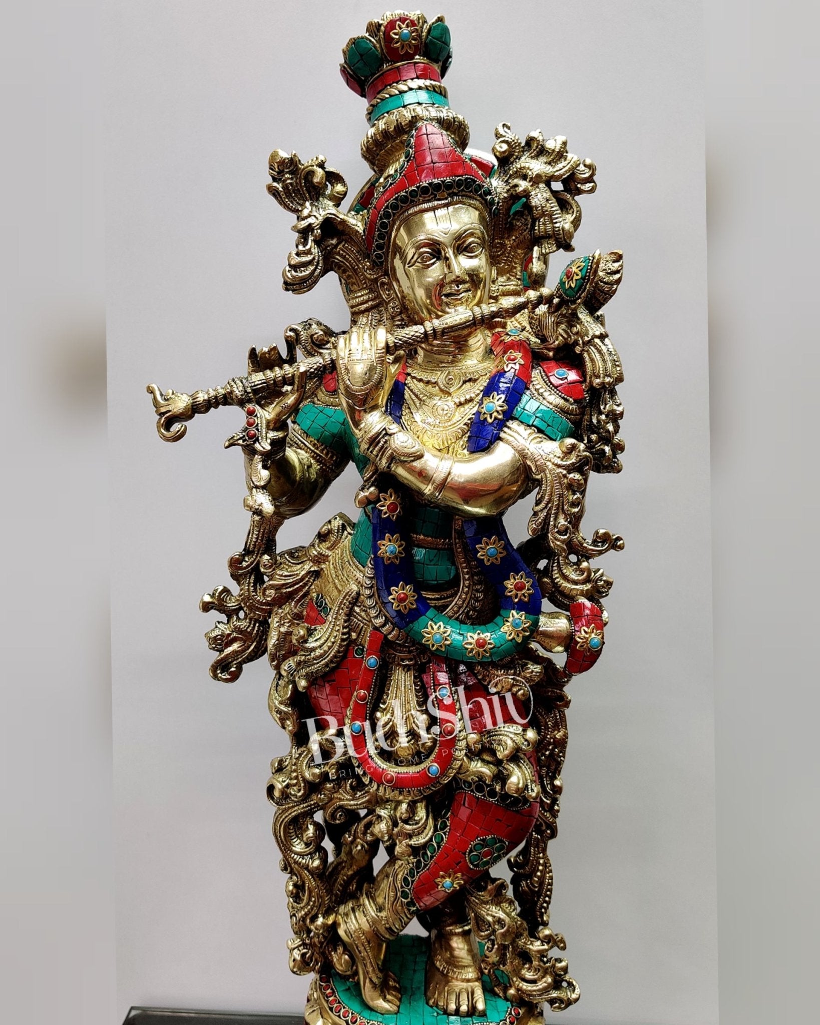 Krishna Brass Idol 29 inches | Unique Inlay Stonework | Handcrafted Brass idol - Budhshiv.com
