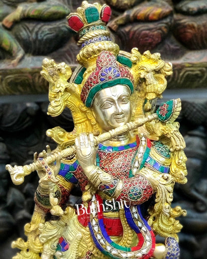 Krishna Brass Idol 29 inches | Unique Inlay Stonework | Handcrafted Brass idol - Budhshiv.com