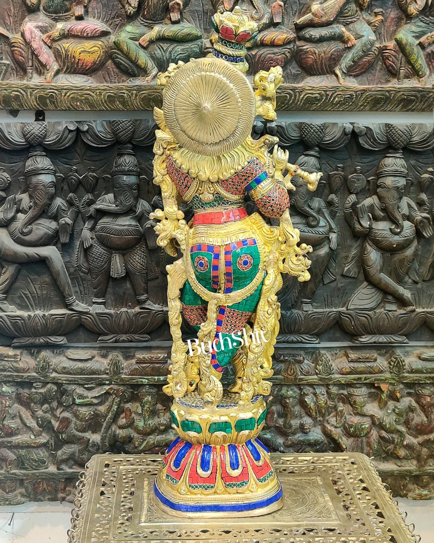 Krishna Brass Idol 29 inches | Unique Inlay Stonework | Handcrafted Brass idol - Budhshiv.com