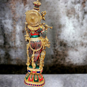 Krishna Brass Idol 29 inches | Unique Inlay Stonework | Handcrafted Brass idol - Budhshiv.com