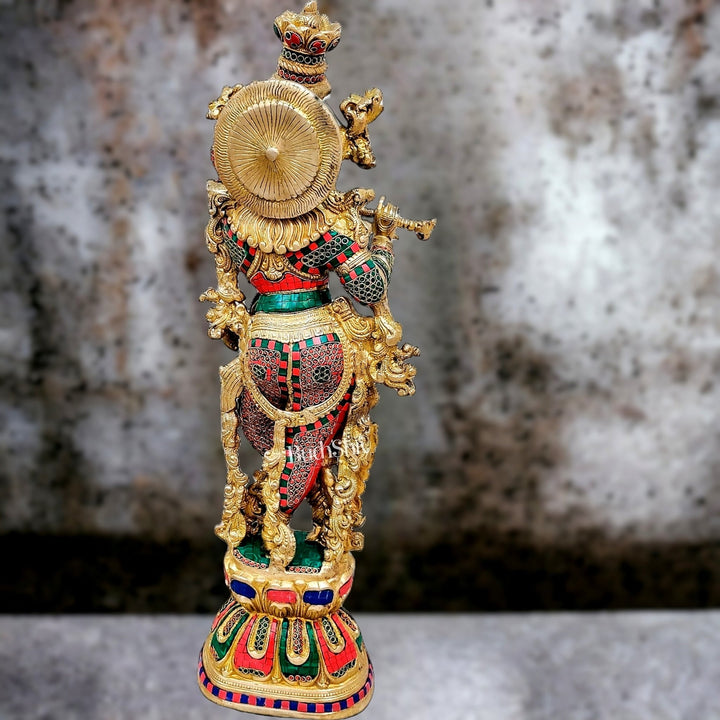 Krishna Brass Idol 29 inches | Unique Inlay Stonework | Handcrafted Brass idol - Budhshiv.com