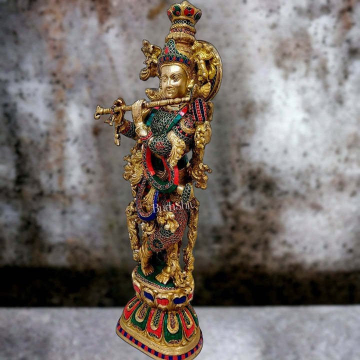Krishna Brass Idol 29 inches | Unique Inlay Stonework | Handcrafted Brass idol - Budhshiv.com