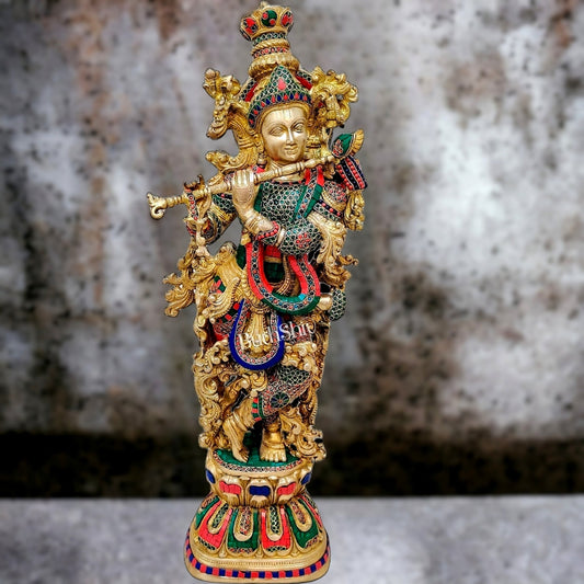 Krishna Brass Idol 29 inches | Unique Inlay Stonework | Handcrafted Brass idol - Budhshiv.com