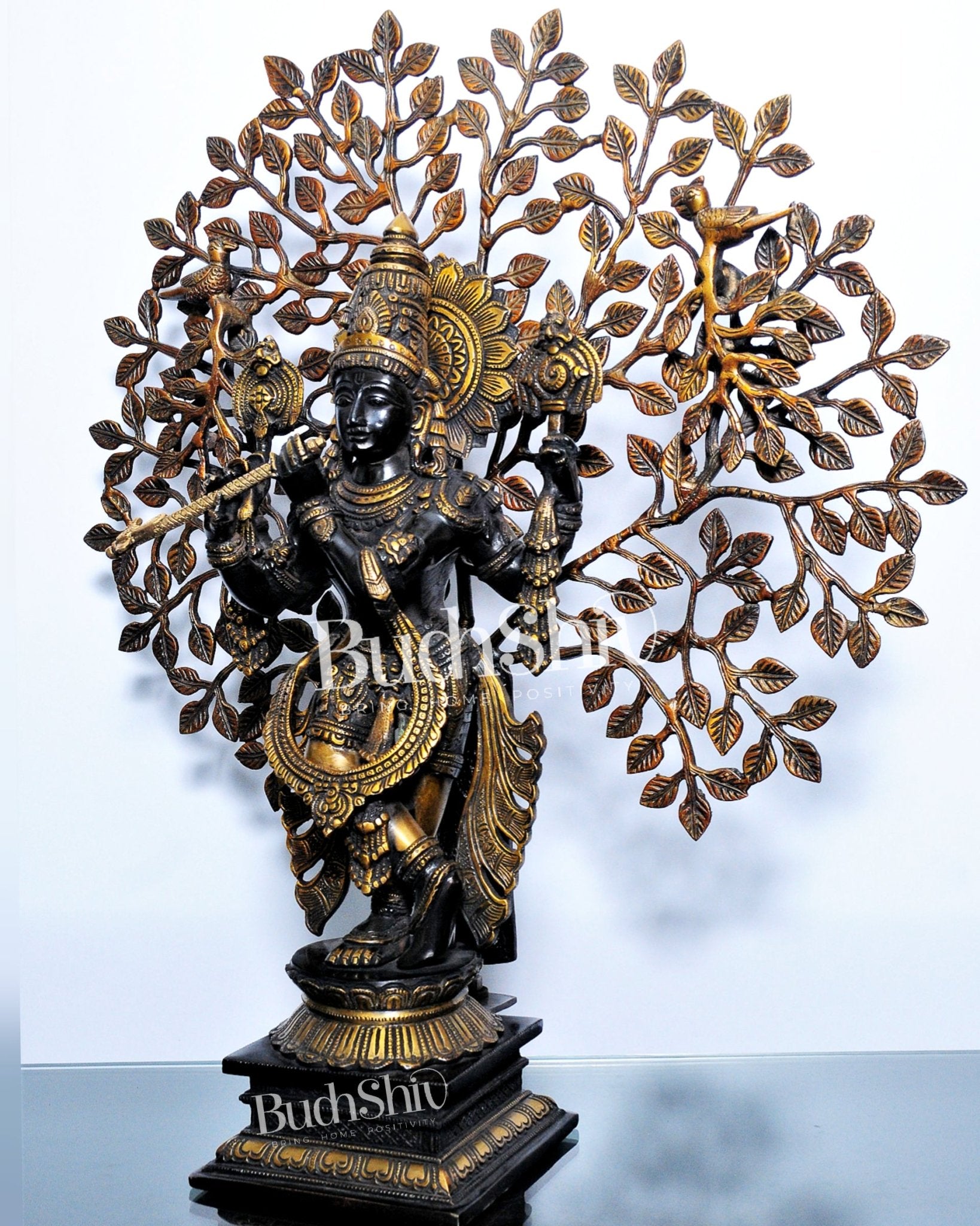 Krishna Brass idol Krishna with tree superfine brass statue 24 inches - Budhshiv.com