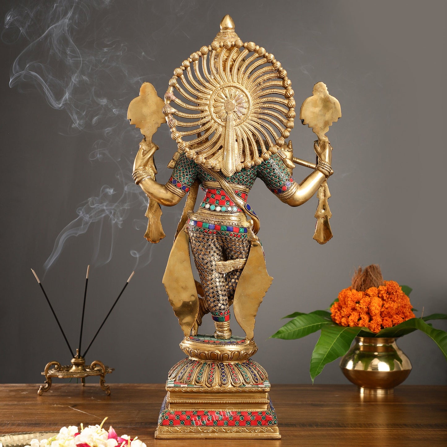 Krishna Brass idol multicoloured with four arms 24 inch - Budhshiv.com