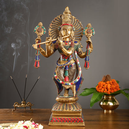 Krishna Brass idol multicoloured with four arms 24 inch - Budhshiv.com