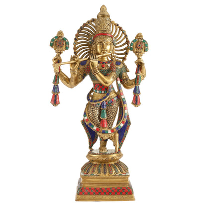 Krishna Brass idol multicoloured with four arms 24 inch - Budhshiv.com