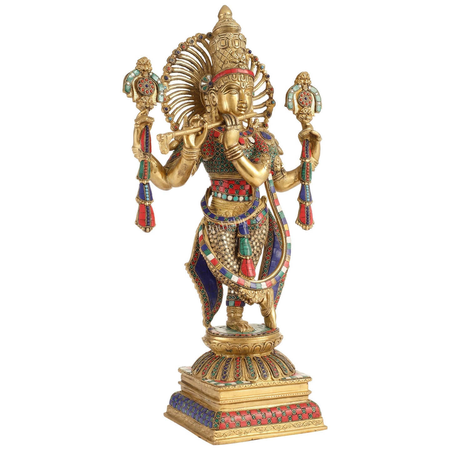 Krishna Brass idol multicoloured with four arms 24 inch - Budhshiv.com