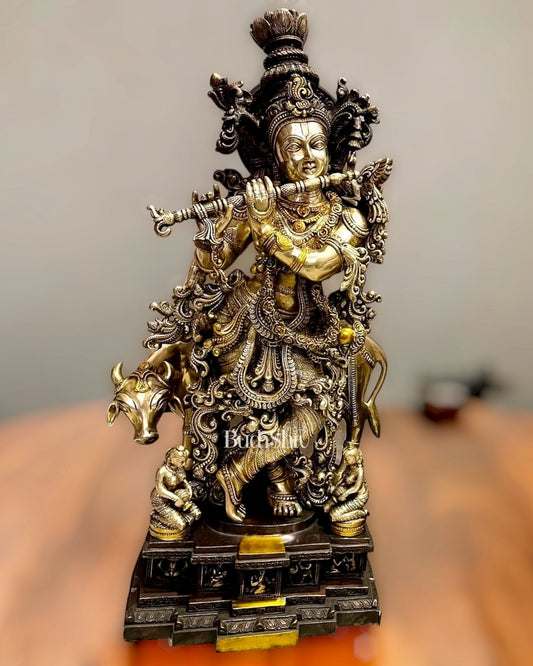 Krishna Brass Idol with Holy Cow 28 inch - Budhshiv.com