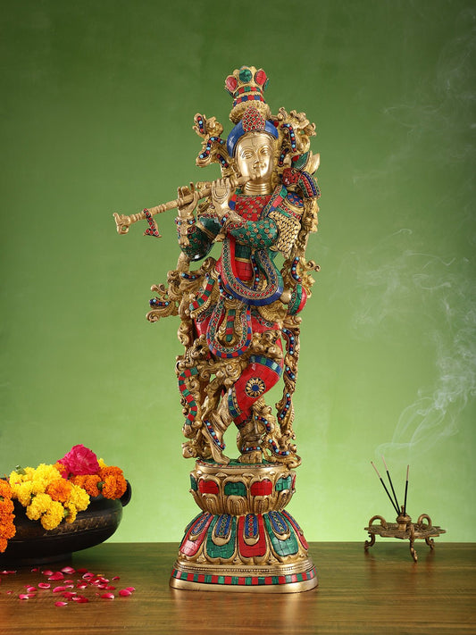 Krishna brass statue 29 inch multi coloured stonework - Budhshiv.com