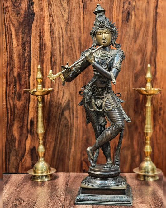 Krishna Brass Statue | Superfine Brass | Antique Bronze Tone | 35 inch - Budhshiv.com