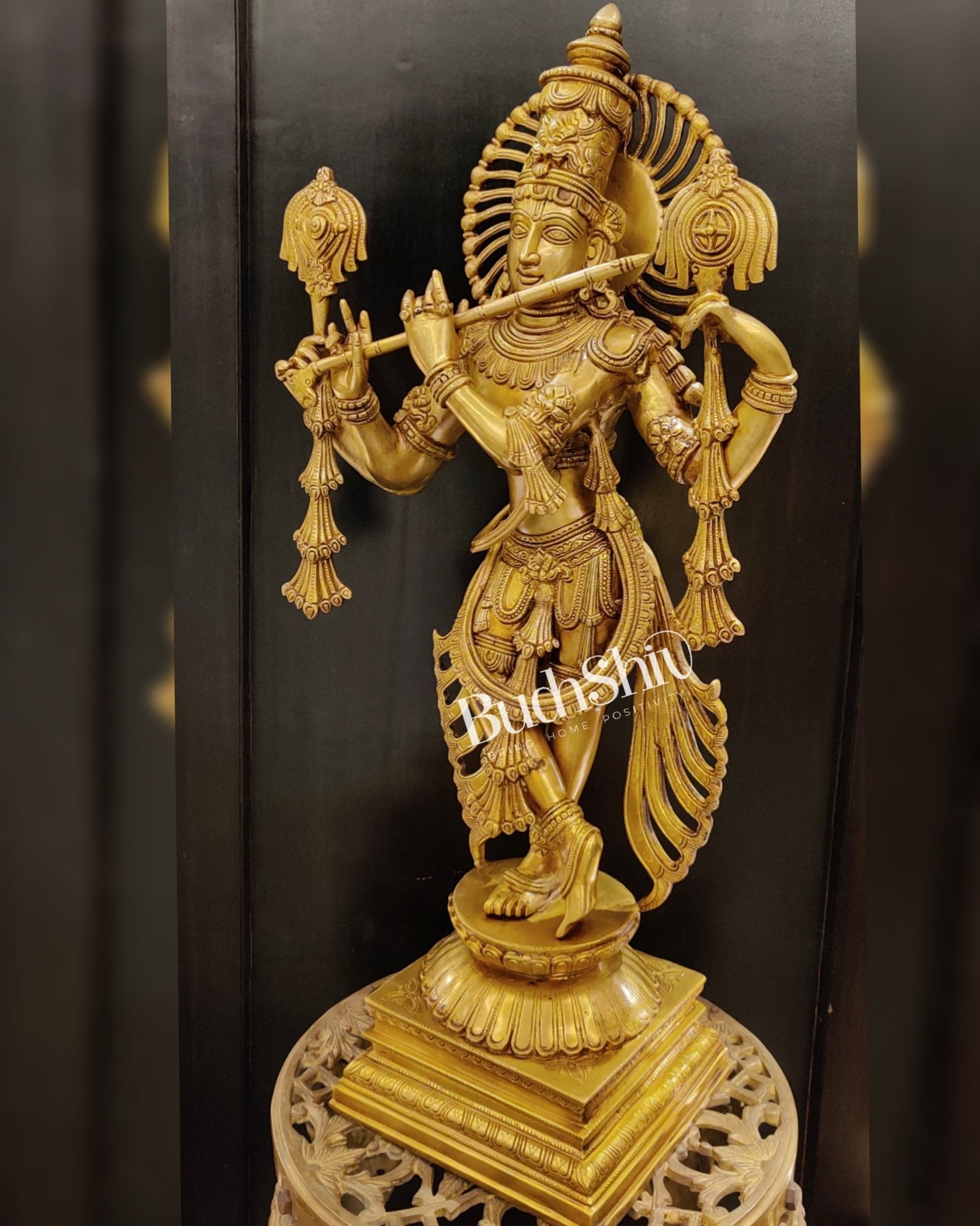 Krishna Charbhuja ( 4 arms ) Statue in Superfine Brass 31 inch - Budhshiv.com